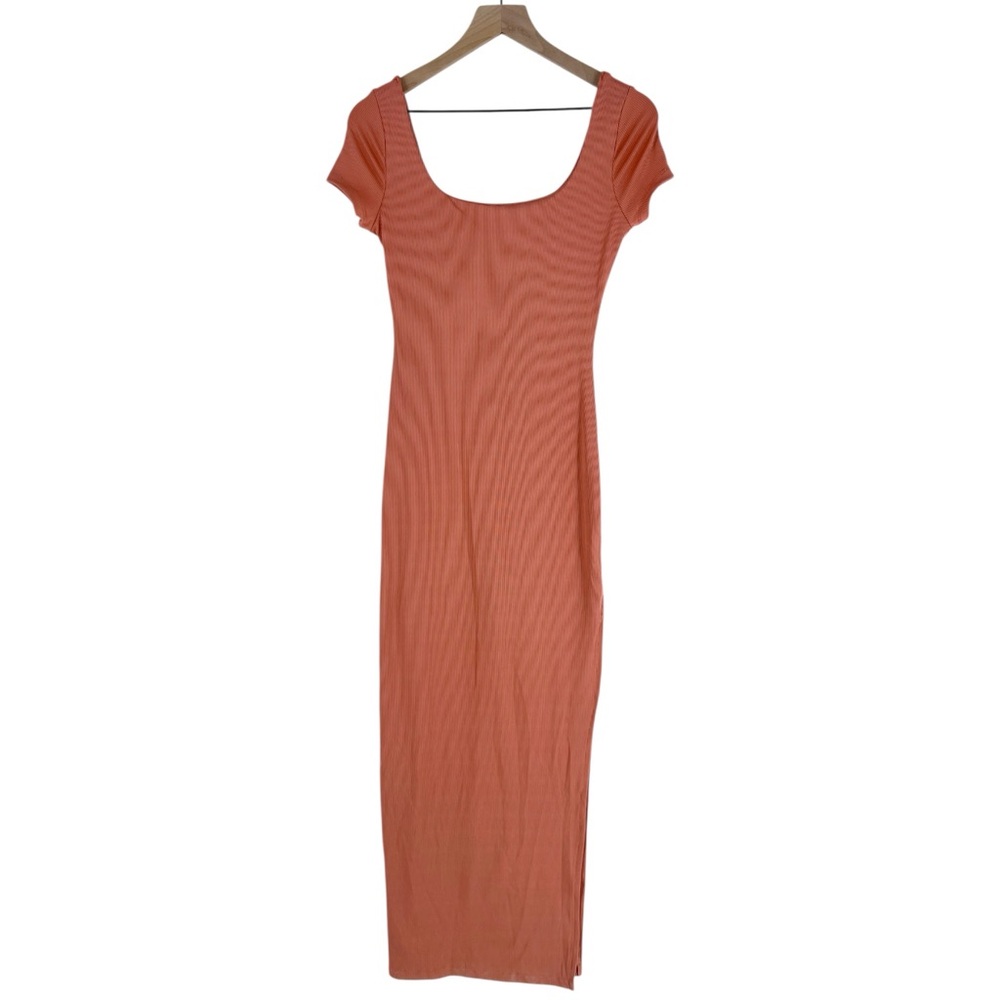 Haute Monde‎ Blush Pink Stretch Ribbed Jersey Knit Side Slit Bodycon Maxi Dress